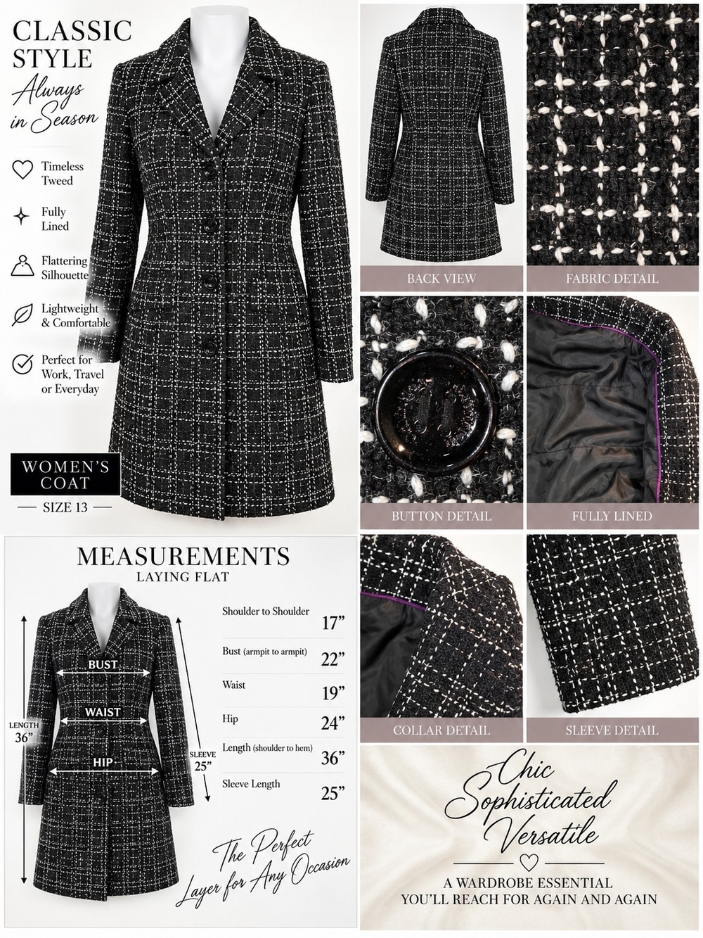 Women's Black Tweed Pea Coat - Classic Single-Breasted Jacket